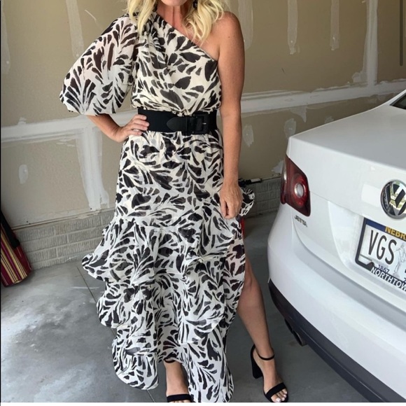NWT botanical one shoulder asymmetrical black and white dress. Alexis - Picture 5 of 5